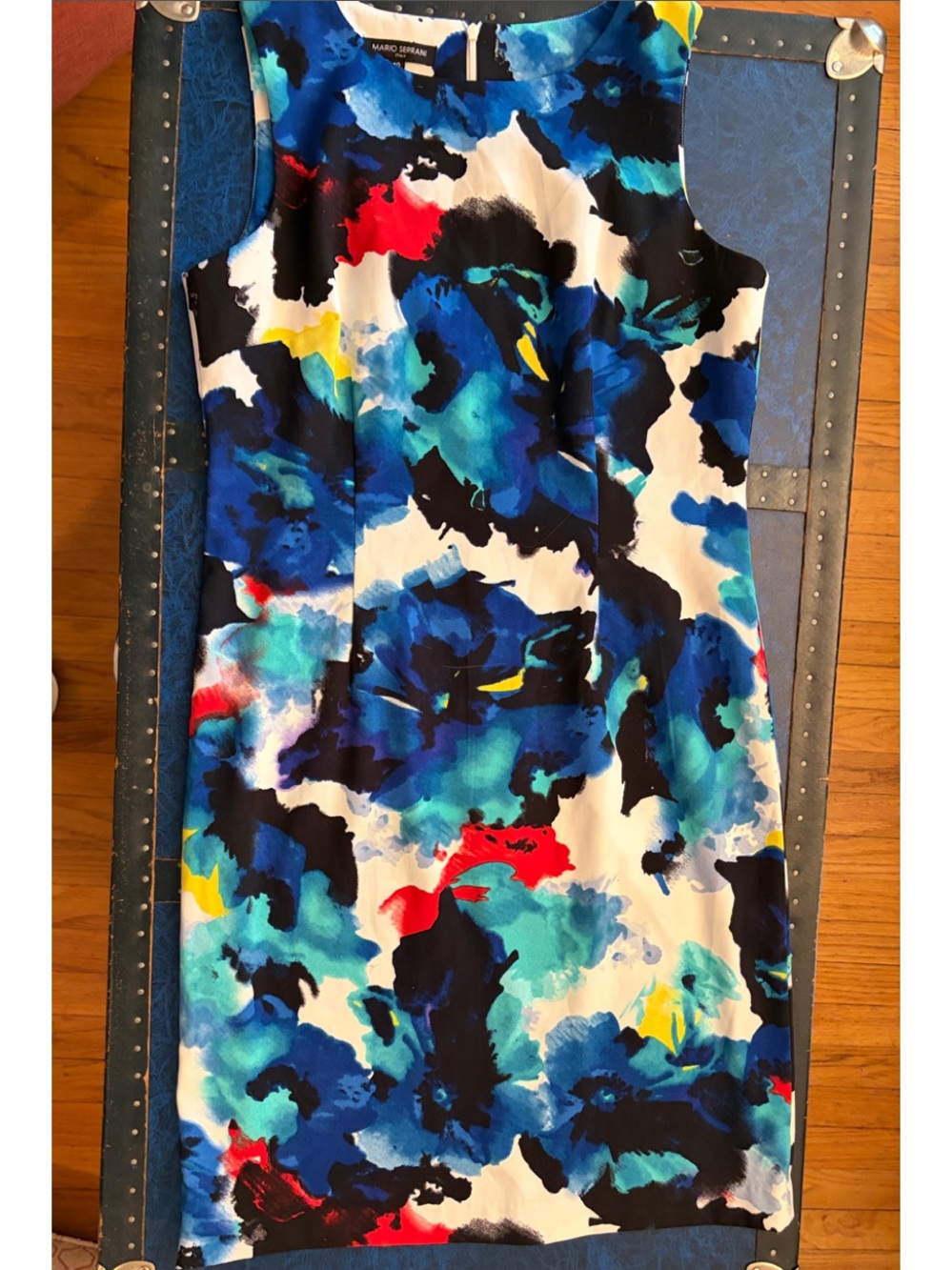 Mario Serrani Blue Multicolor Abstract Floral Sheath Dress